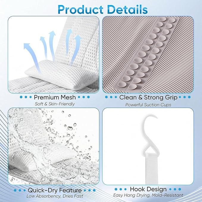 Coussin de Bain Full Body avec Appui-Tête et Support Lombaire – Tapis de Baignoire 5D Antidérapant avec Ventouses – 142 x 48 cm