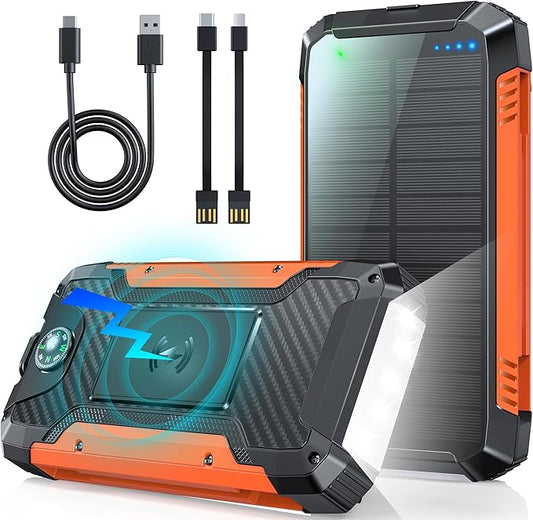 Batterie Externe Solaire 49800mAh 30W USB-C | Power Bank Charge Rapide avec 2 Câbles Intégrés, 3 Sorties & 2 Entrées, Lampe LED + Boussole | Chargeur Portable Étanche pour Smartphone, Tablette, Camping – Noir Orange