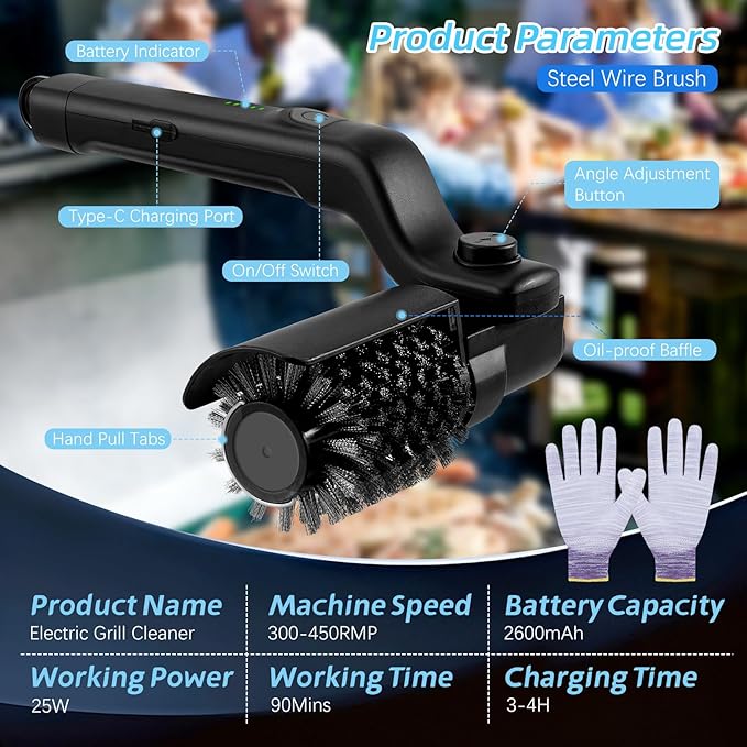 Brosse Électrique Barbecue Sans Fil 3 Vitesses Rechargeable USB Tête Rotative 180° Nettoyeur Grill Inox pour Barbecue et Fumoir