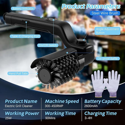 Brosse Électrique Barbecue Sans Fil – 3 Vitesses Rechargeable USB – Tête Rotative 180° Inox – Nettoyeur Grill & Fumoir