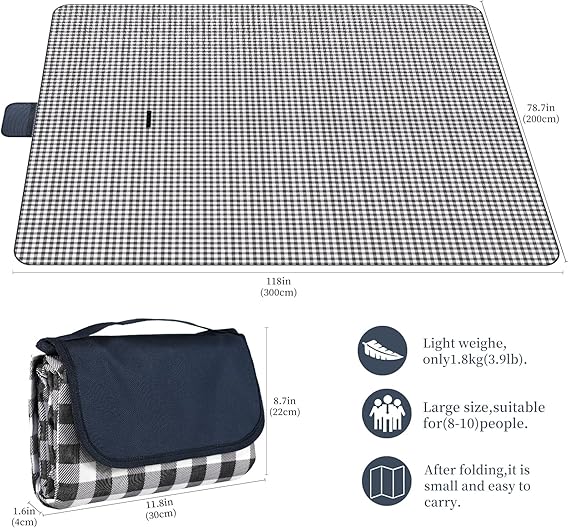 Grande Couverture de Pique-Nique 200x300 cm Imperméable | Tapis de Sol Pliable avec Poignée, Lavable en Machine | Couverture Extérieure Camping, Plage, Randonnée – Motif Carreaux Bleu