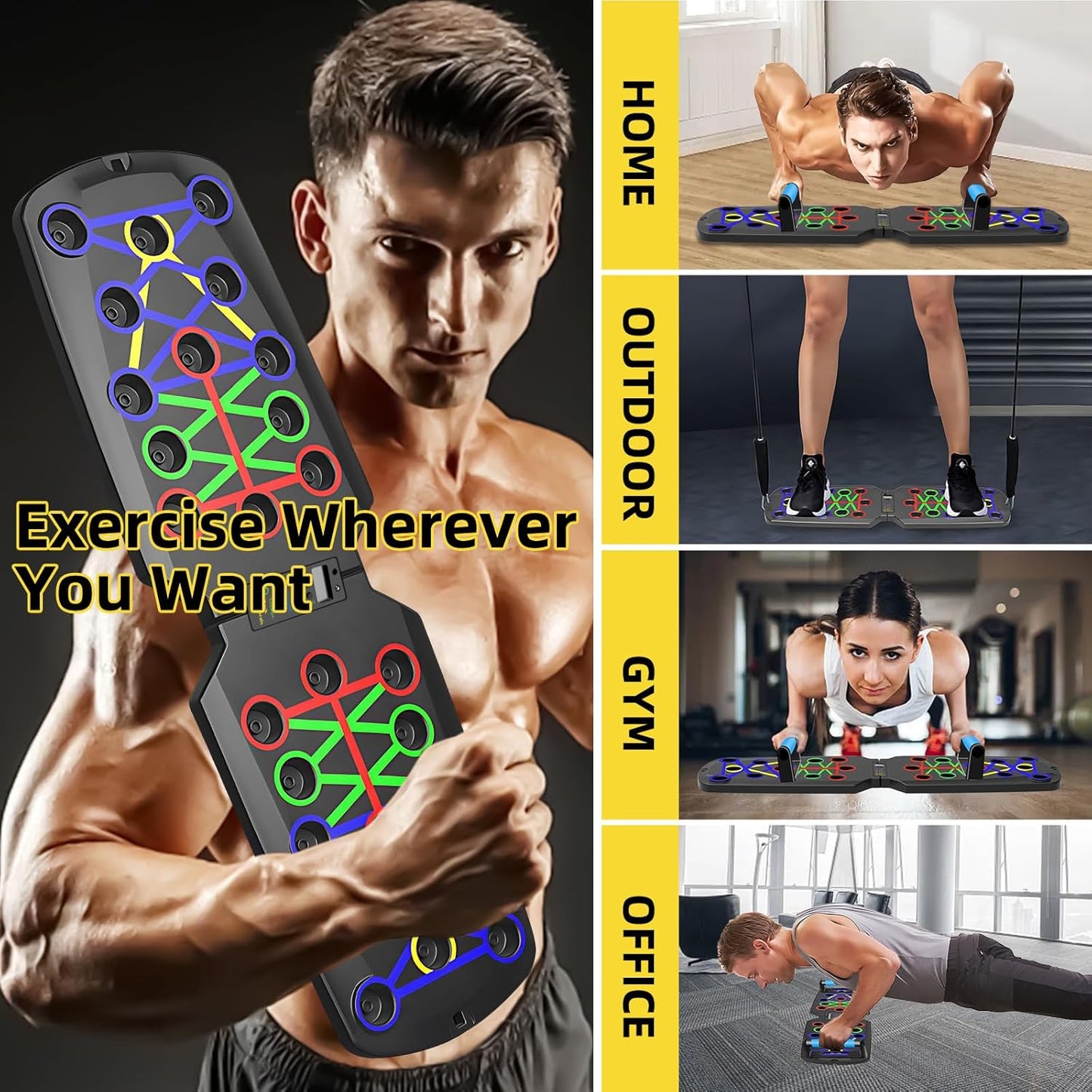 Planche de Pompes Multifonction 26 en 1 Pliable avec Bandes de Résistance et Poignées Antidérapantes Fitness Musculation