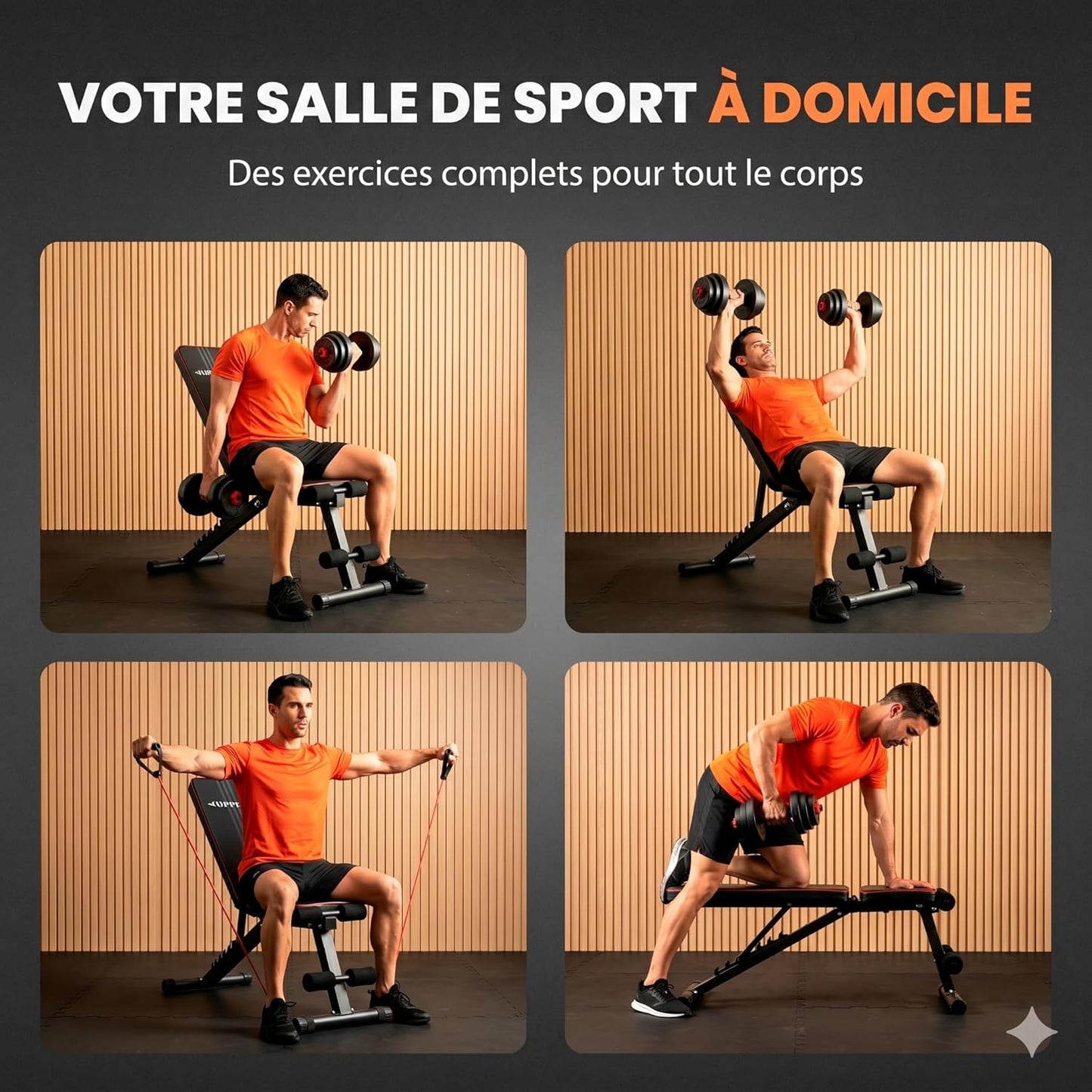 Banc de Musculation Pliable Multifonction Réglable 7 Positions Support 250 kg avec Bandes de Résistance