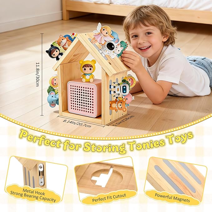 Étagère Murale Magnétique pour Toniebox et Figurines Tonies – Support de Rangement en Bois Forme Maison pour Chambre Enfant