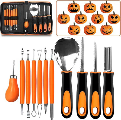 Kit Sculpture Citrouille Halloween – 11 Pièces Acier Inoxydable – Outils Gravure avec Étui