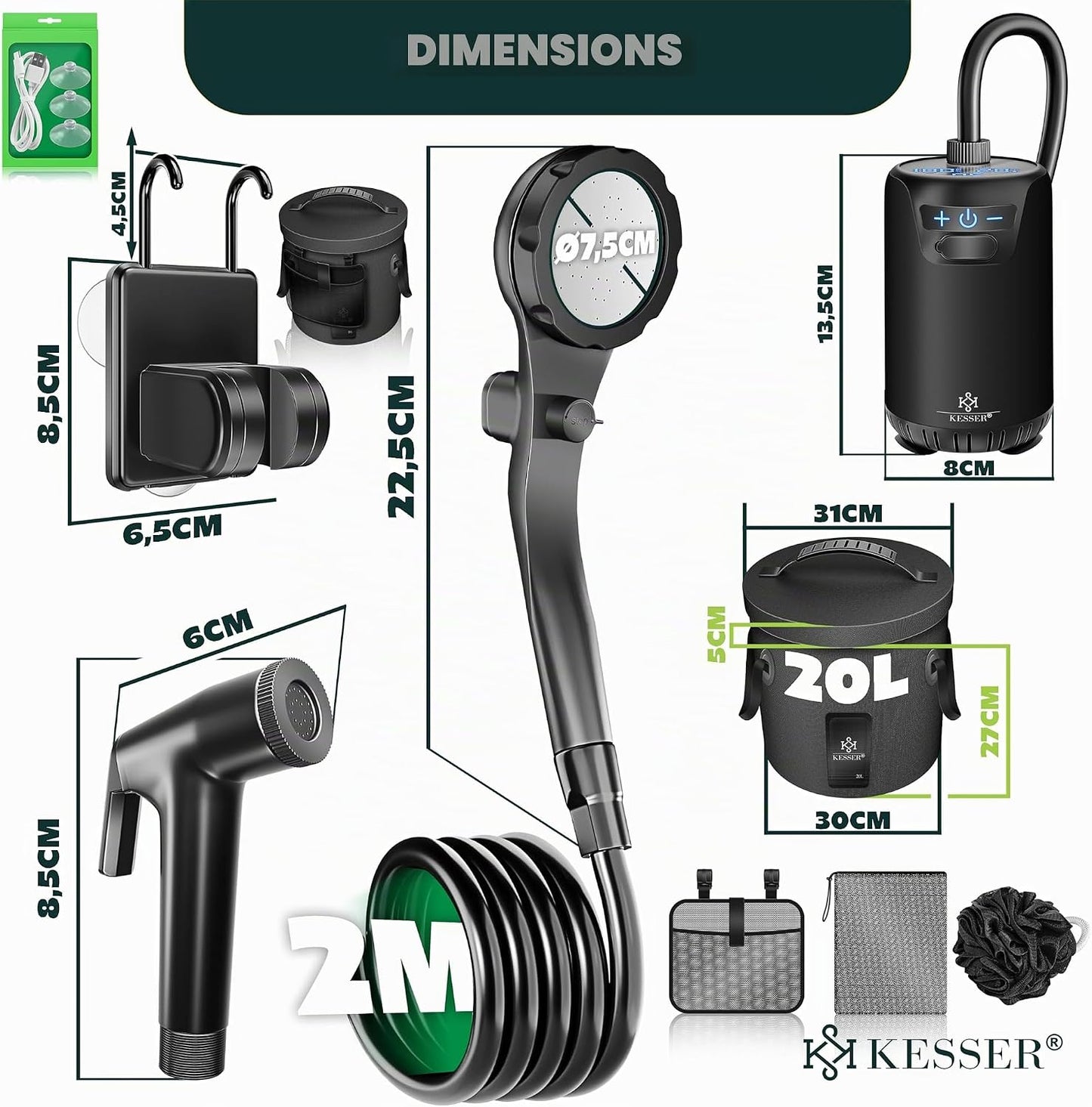 Kit Douche de Camping Portable – Pompe Rechargeable 4000 mAh, Réservoir 20 L, Pommeau Réglable, Tuyau 2 m