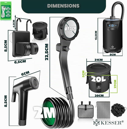 Kit Douche de Camping Portable – Pompe Rechargeable 4000 mAh, Réservoir 20 L, Pommeau Réglable, Tuyau 2 m