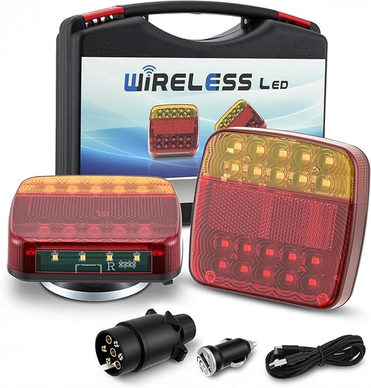 Feux Arrière LED Sans Fil pour Remorque 12V/24V – Kit Feux Magnétiques Rechargeables USB Étanches – Éclairage LED pour Caravane, Camion, Remorque et Porte-Vélos