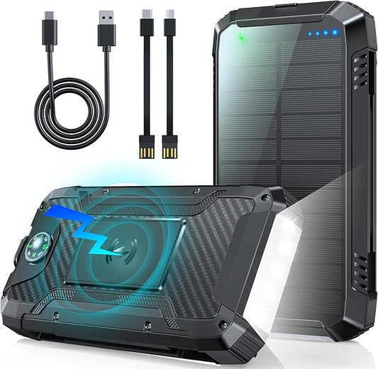 Batterie Externe Solaire 49800mAh Charge Rapide 30W USB-C Power Bank Étanche avec Câbles Intégrés, Lampe LED, Induction Sans Fil, Multi Ports Smartphone Camping – Noir