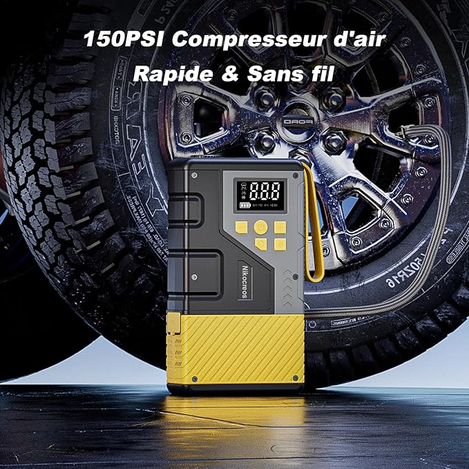 Démarreur de voiture portable 3000A avec compresseur d’air 150 PSI – Booster batterie 12V essence & diesel – Gonfleur pneus avec lampe LED