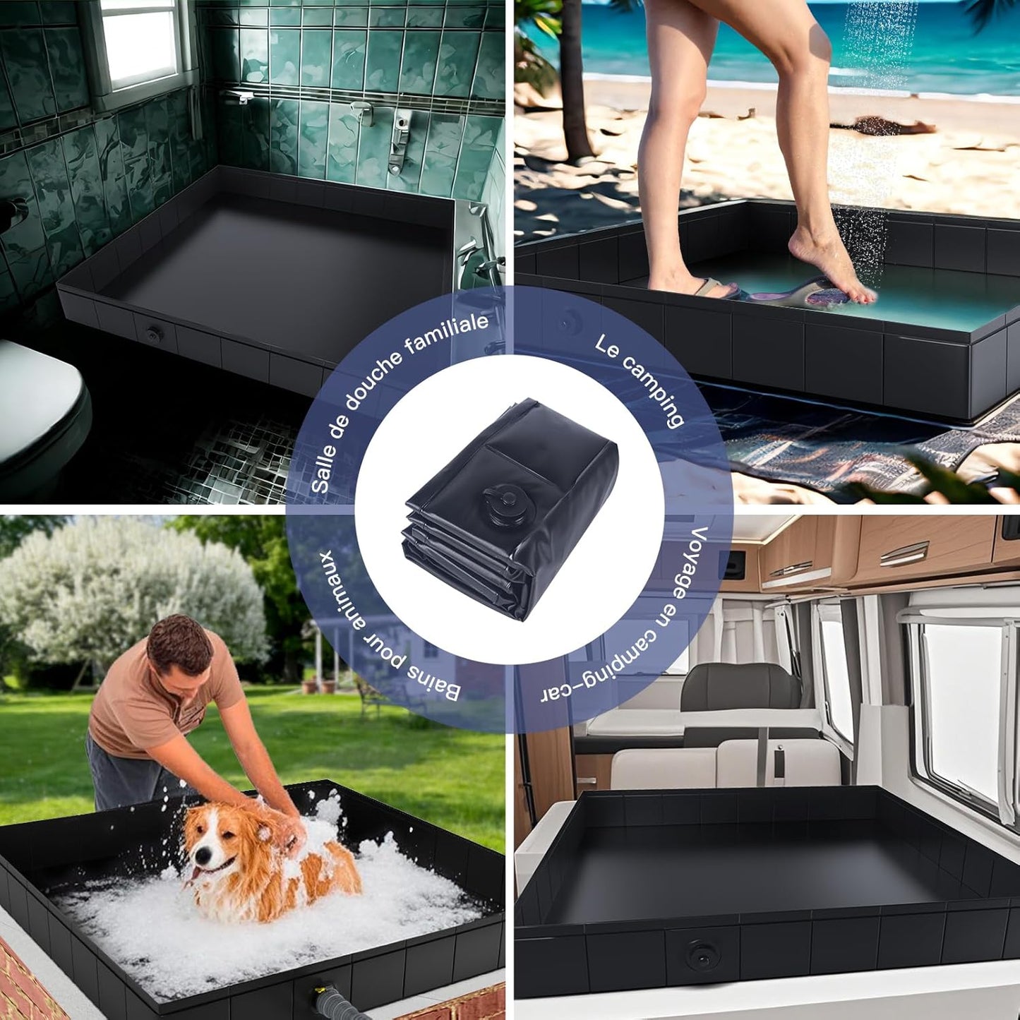 Base de Douche Portable Pliante 104×104 cm avec Vidange – Bac Étanche Camping-Car, Van, Jardin – Noir