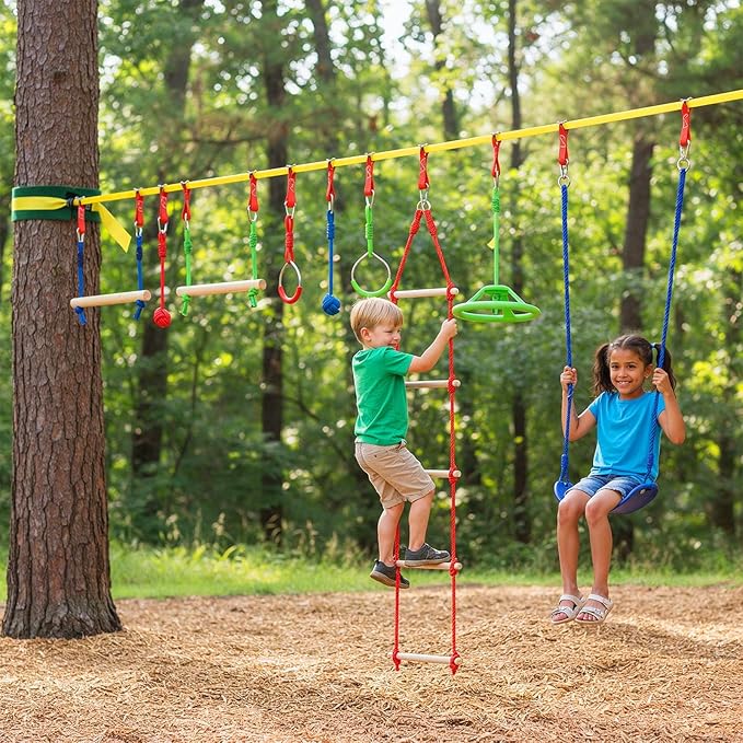 Kit Parcours Ninja Slackline 15 m – Obstacles, Échelle, Anneaux & Balançoire – Extérieur Enfants