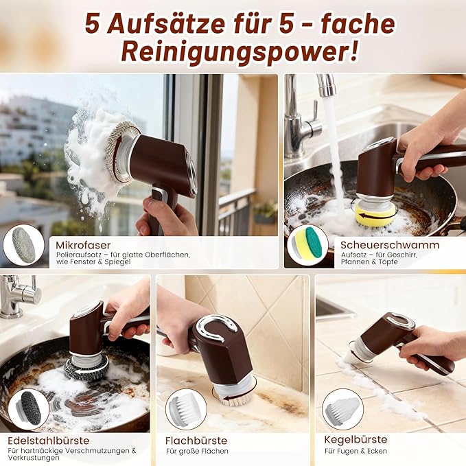 Brosse de Nettoyage Électrique Sans Fil 5 en 1 IPX7 Étanche – Nettoyeur Électrique Rechargeable avec 5 Têtes de Brosse – Salle de Bain Cuisine Évier Voiture