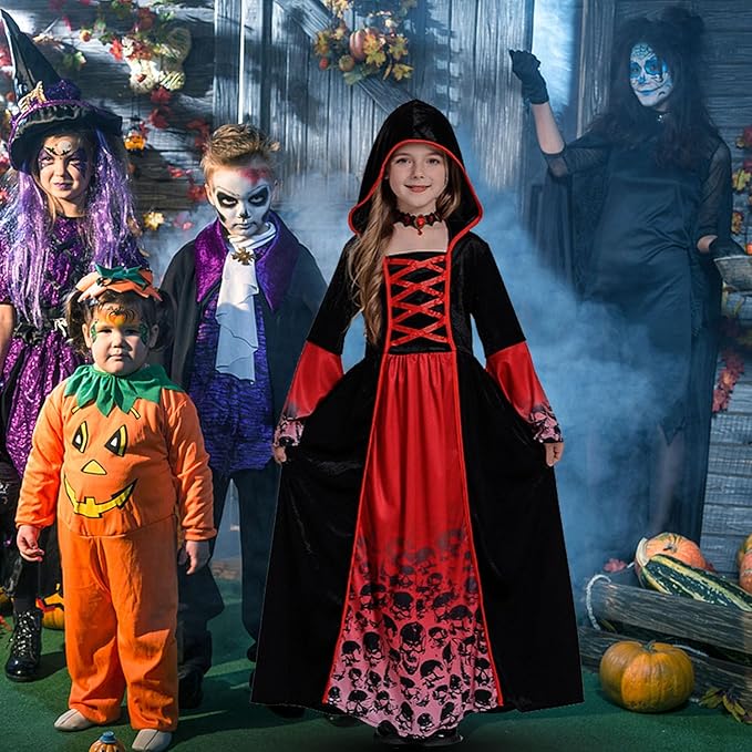 Déguisement Vampire Fille Gothique Médiéval avec Capuche – Costume Halloween Carnaval Rouge et Noir Enfant