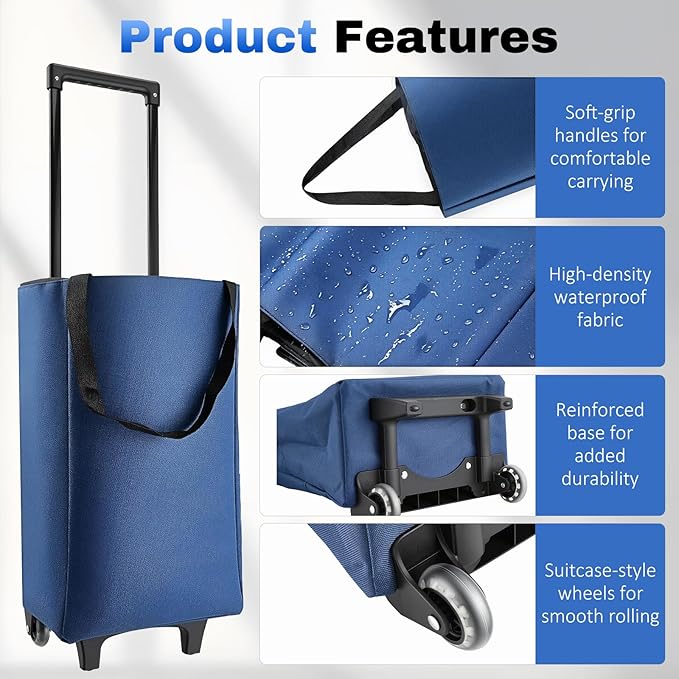 Chariot de Courses Pliable 2 en 1 avec Sac 13,5 L – Sac de Courses à Roulettes Léger pour Marché, Voyage et Camping