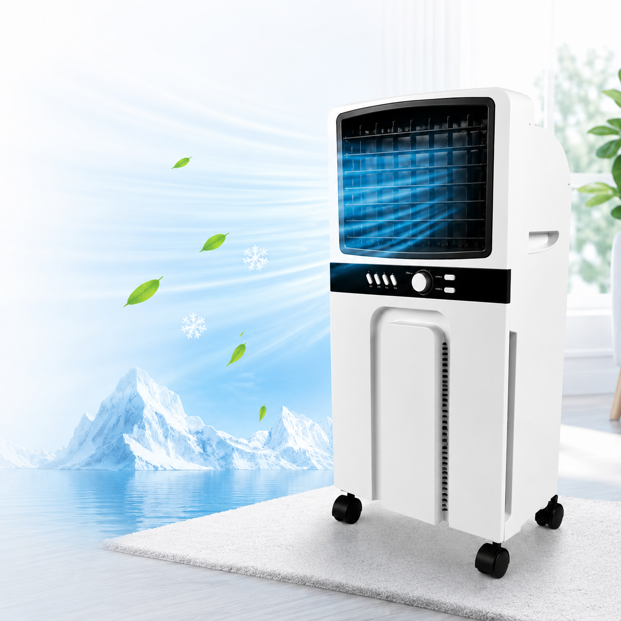 Rafraîchisseur d'Air Évaporatif 65W – Réservoir 6L, 3 Vitesses, Mobile sur Roulettes + 2 Blocs Réfrigérants – Blanc