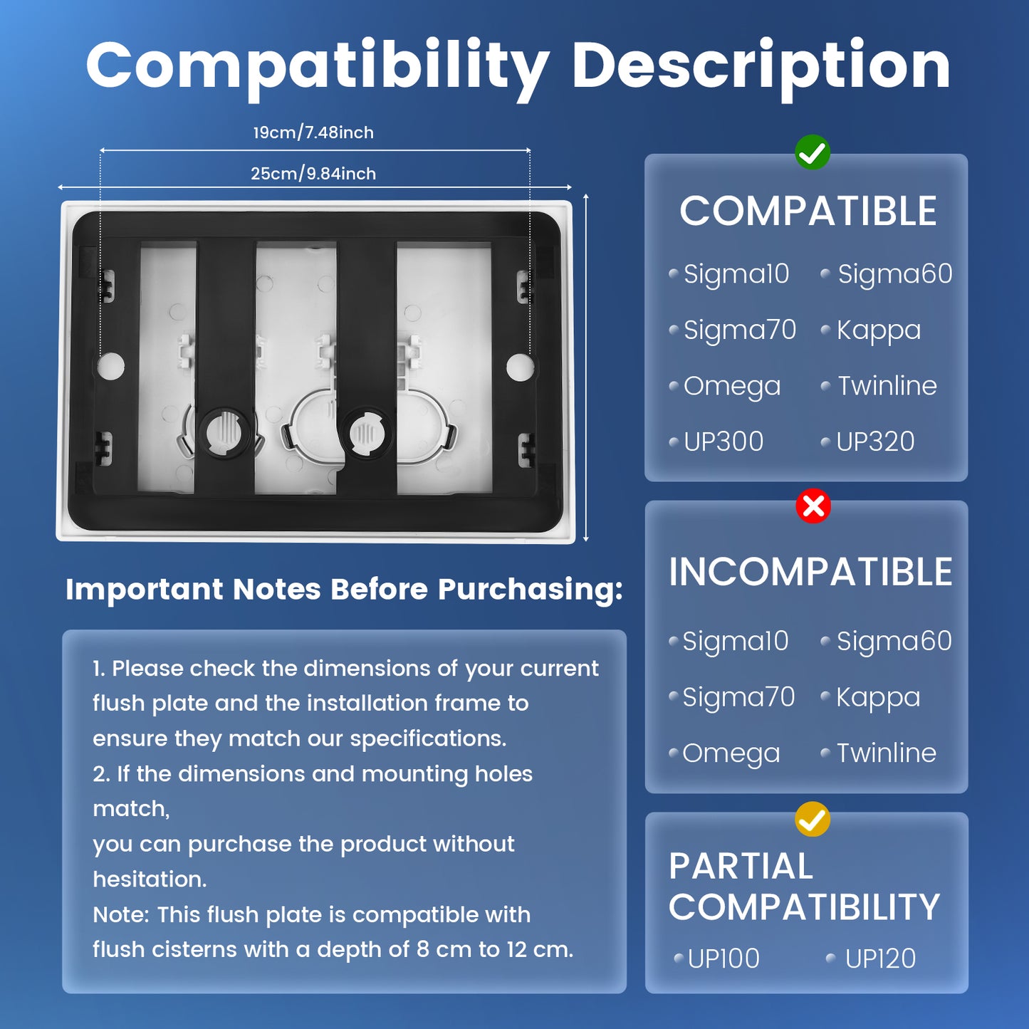 Plaque de Commande WC Compatible Geberit Sigma 20 – Levier Chasse + Cadre Fixation UP300/UP320