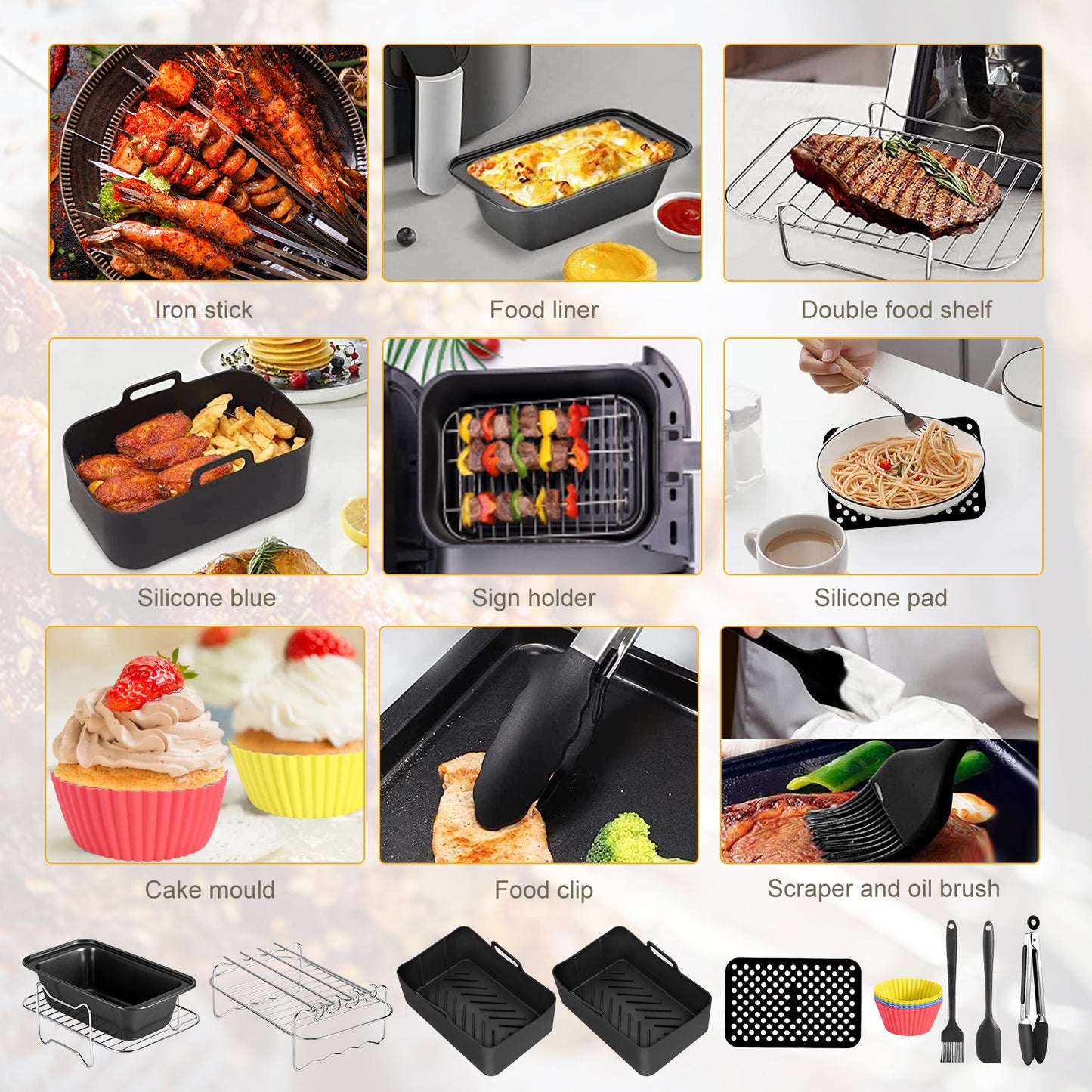 Accessoires Friteuse Air Fryer 6 Pièces – Moules Gâteaux Pizza Barbecue Double Panier