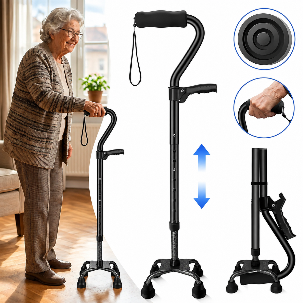 Canne de Marche Pliable 4 Pieds Réglable – Antidérapante, Poignée Ergonomique, Senior & Adulte – Noir