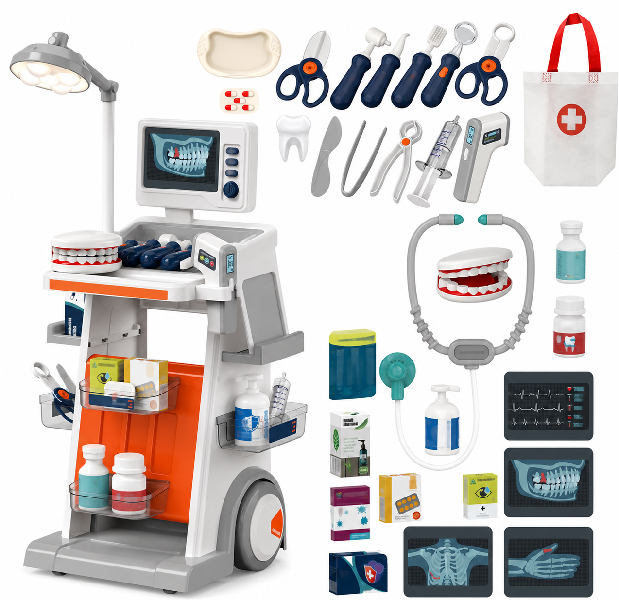 Kit Médecin Enfant 30 Pièces avec Chariot Médical – Mallette Docteur, Jouet Dentiste, Stéthoscope, ECG, Accessoires Médicaux – Jeu d'Imitation Éducatif