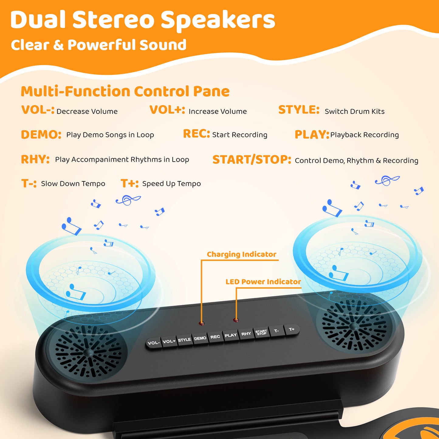 Batterie Électronique Enfant 9 Pads – Tapis de Batterie Musical Bluetooth avec Haut-Parleurs, 7 Styles, 6 Rythmes, Kit Batterie Portable avec Baguettes