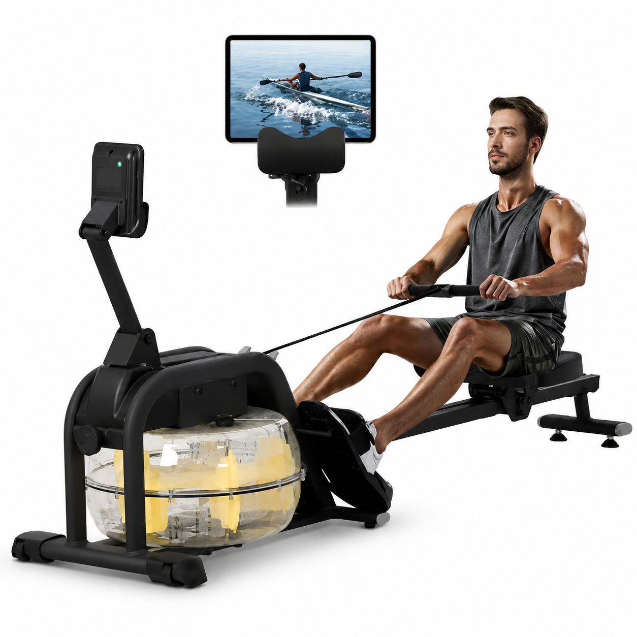 Rameur à Eau Pliable – Écran LCD, Résistance Réglable, Support Tablette, Capacité 135 kg | Cardio & Musculation Maison