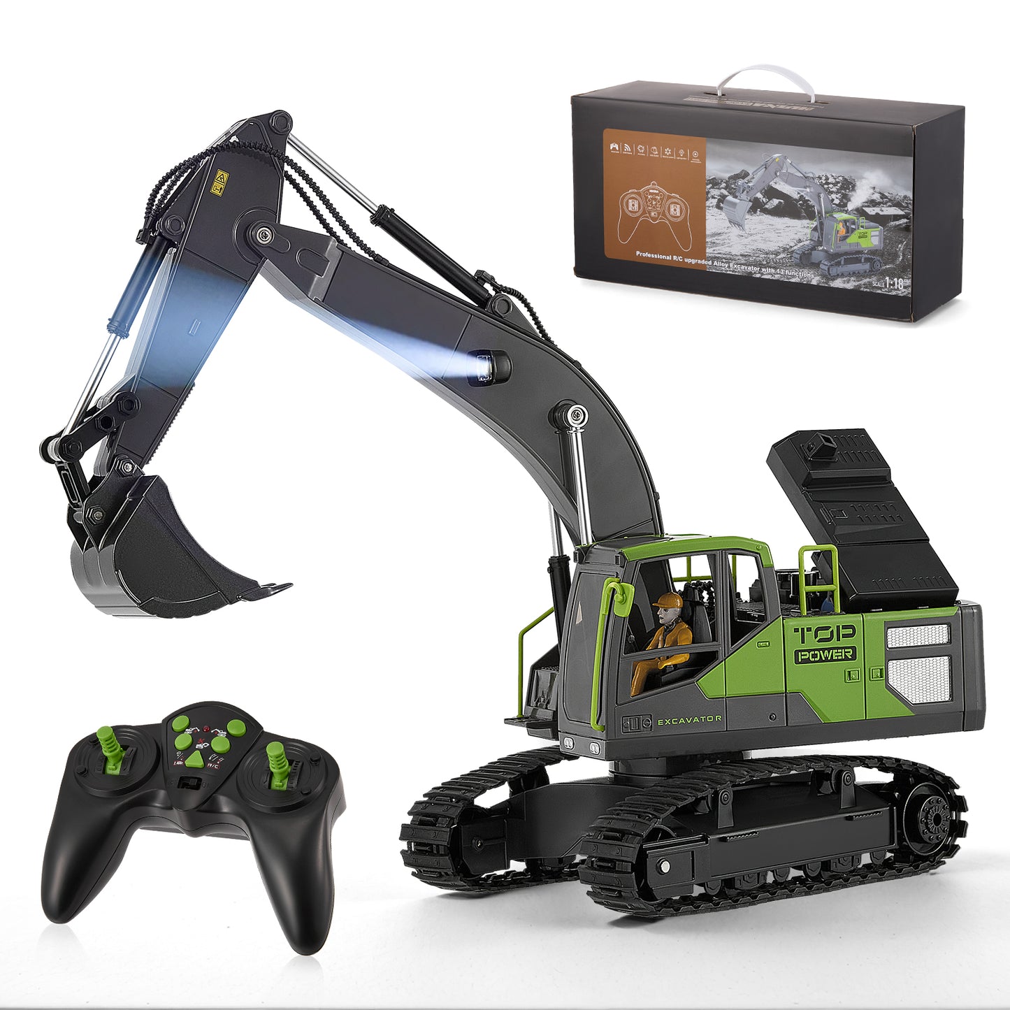 Excavatrice RC Télécommandée 2,4 GHz 13 Canaux – Pelleteuse Radiocommandée 680° Rotation – Véhicule Chantier Enfant avec Télécommande – Jouet RC Rechargeable