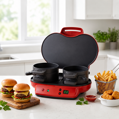 Machine à Petit-Déjeuner Électrique Double Compartiment – Burger, Sandwich & Muffin – Plaques Antiadhésives 220V Rouge