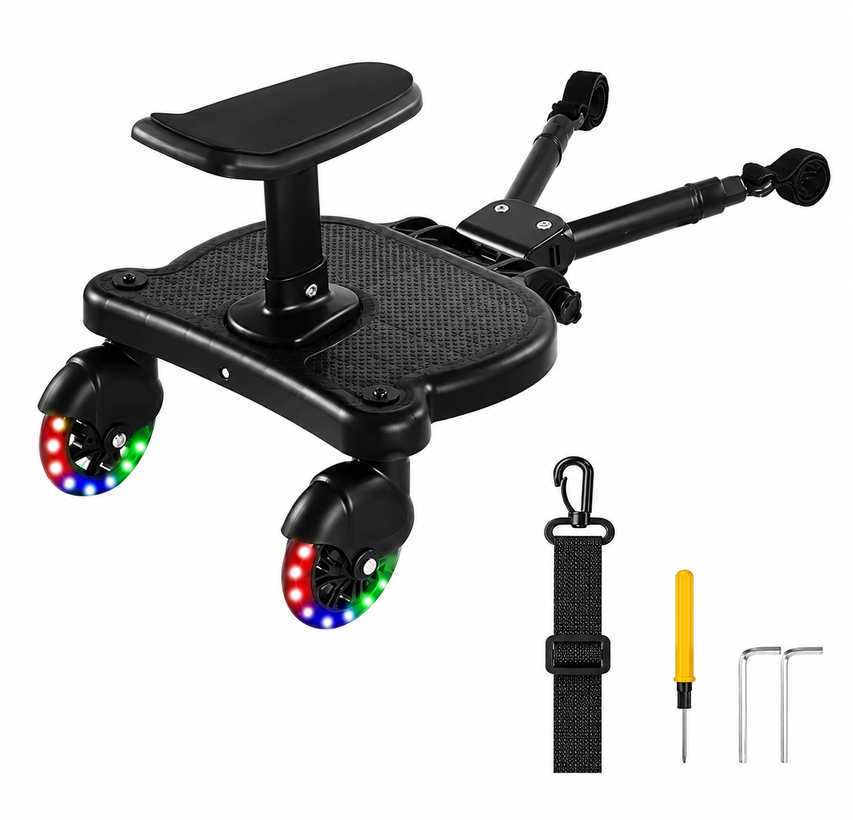Plataforma universal para cochecito con asiento: patinete para niño, ruedas LED, fijaciones ajustables