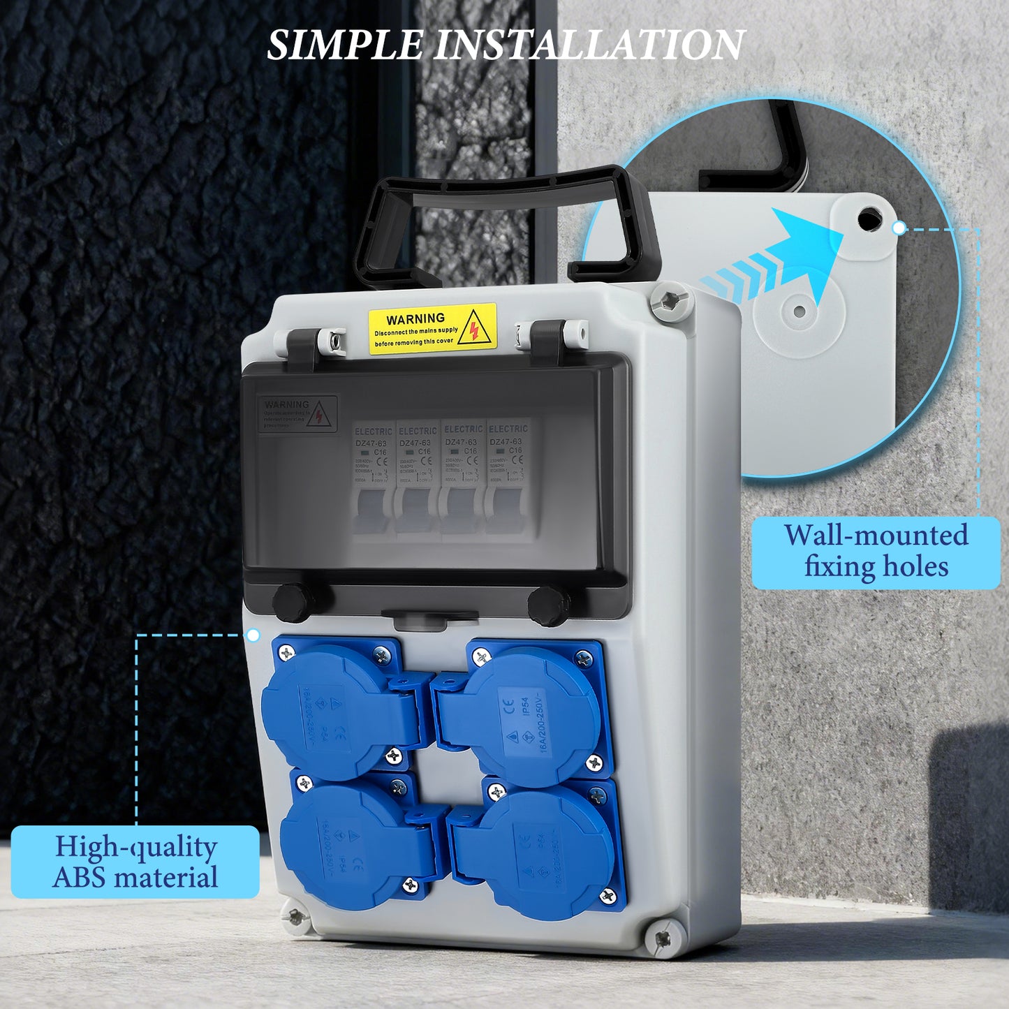 Boîte Distribution Électrique 230V 16A – Coffret IP44 4 Prises Schuko Étanche Murale