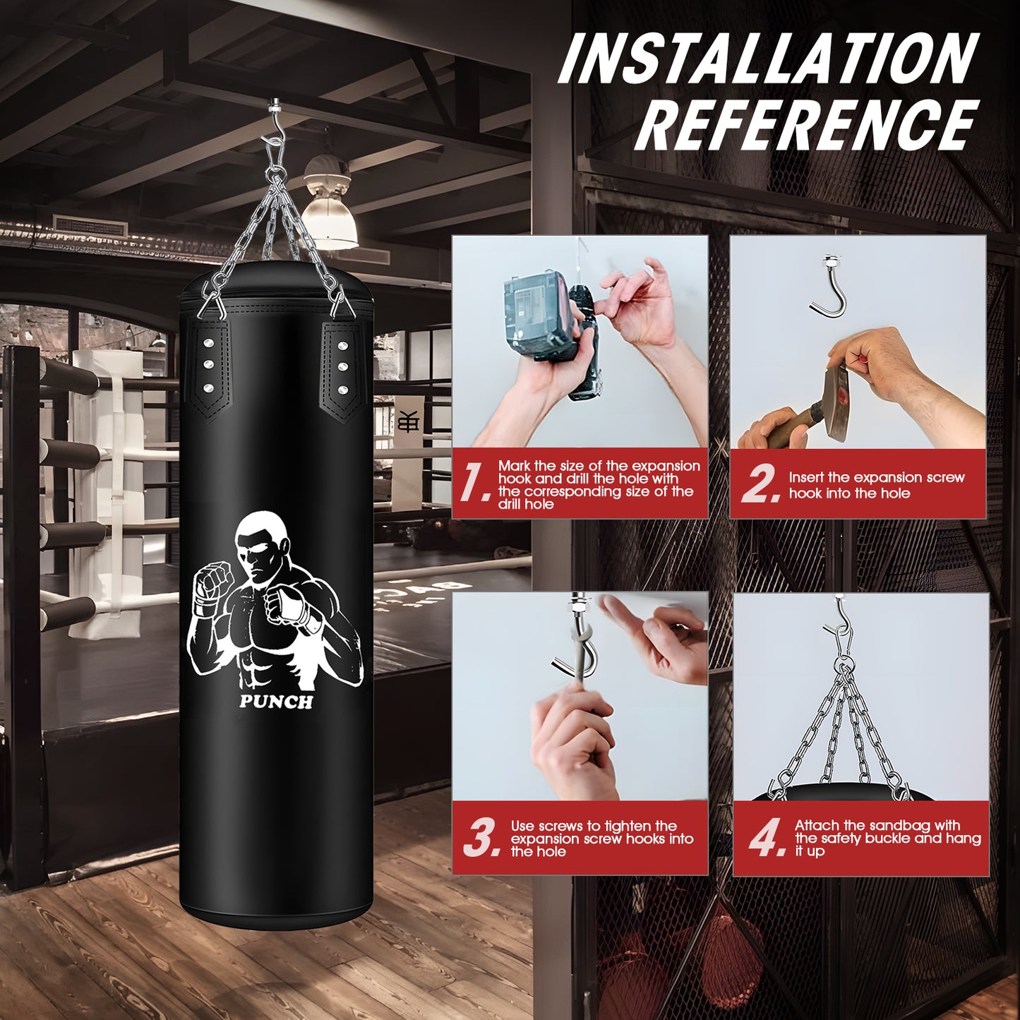 Sac de Frappe 120 cm avec Gants et Accessoires – Sac de Boxe pour Entraînement Fitness et MMA – Suspension Incluse – Adulte Débutant Confirmé