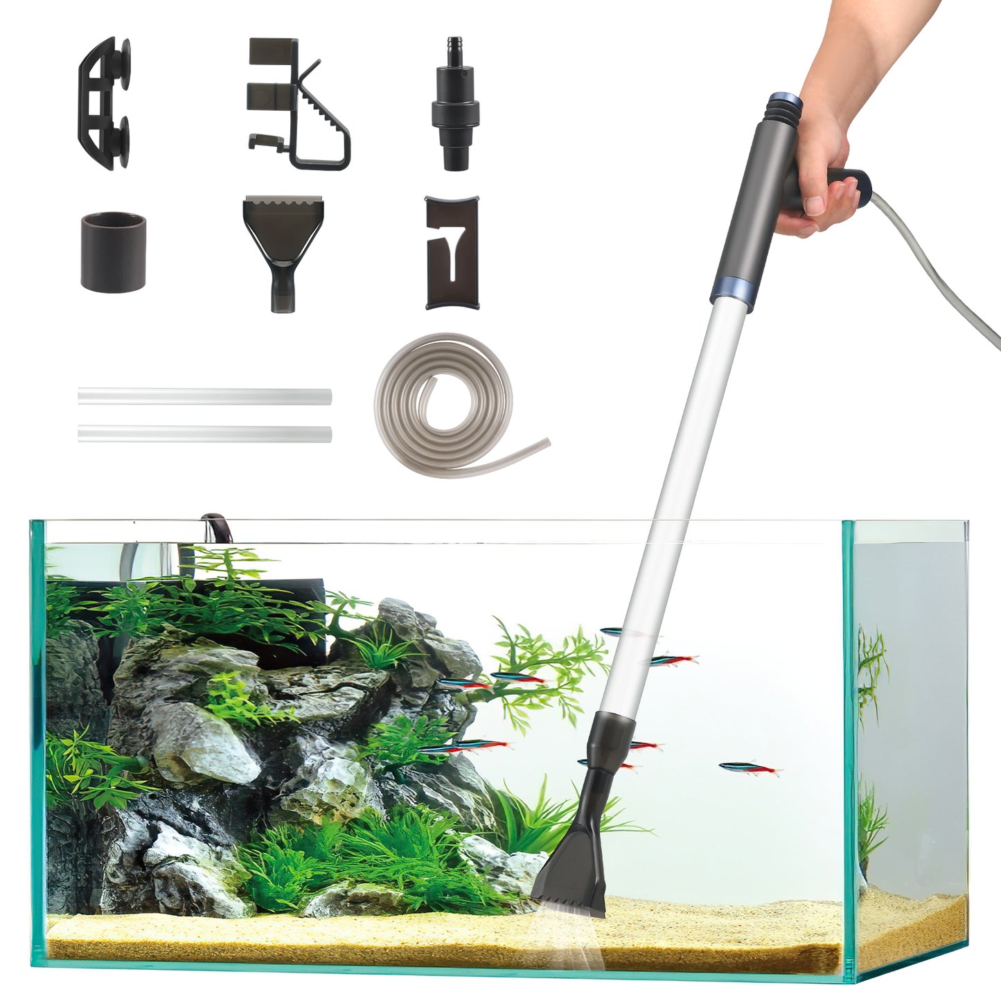 Nettoyeur Aquarium 4 en 1 Siphon Manuel Changement Eau Nettoyage Gravier Accessoire Aquarium