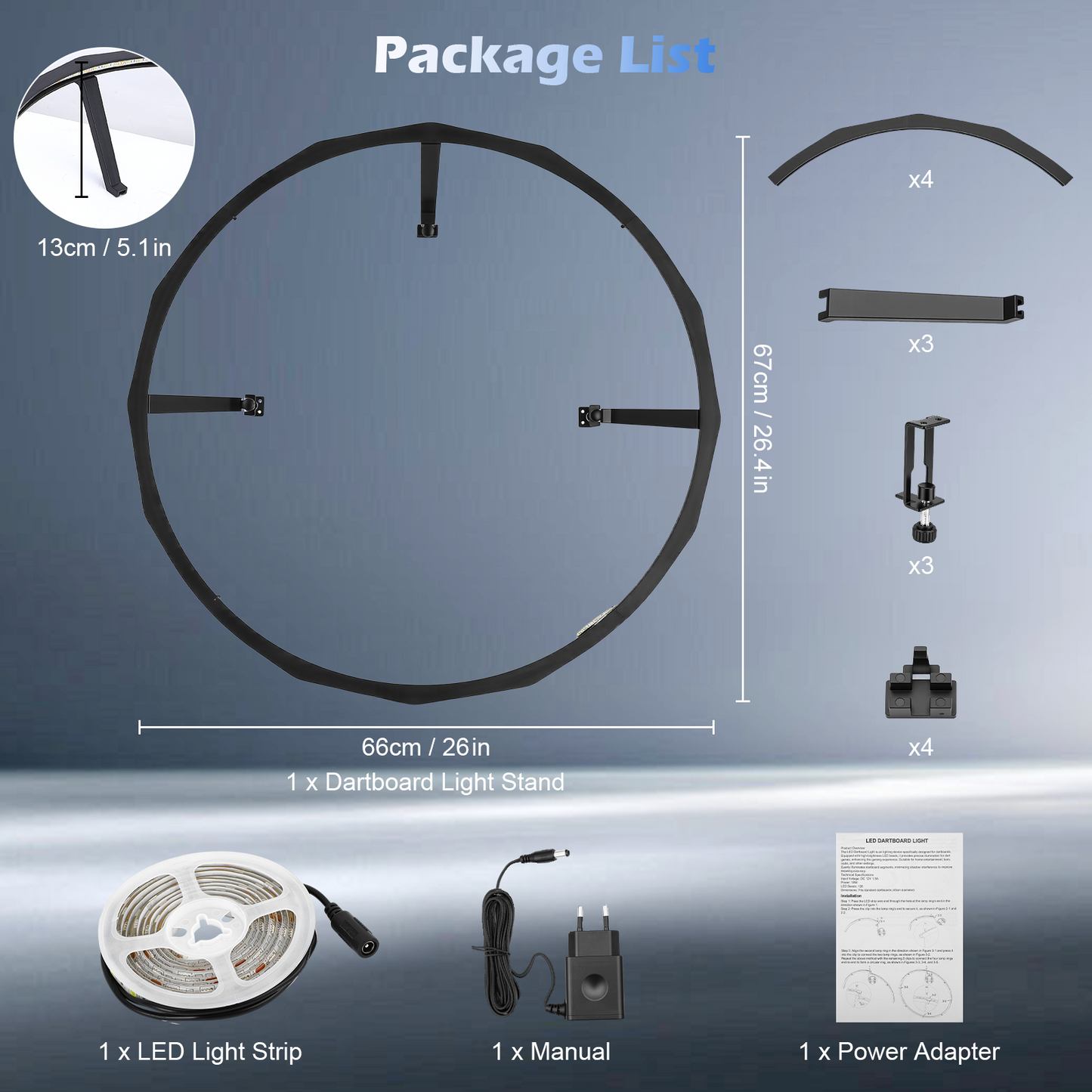 Éclairage Cible Fléchettes 360° Sans Ombre – 90 LED Luminosité Réglable – Support Compatible 45 cm
