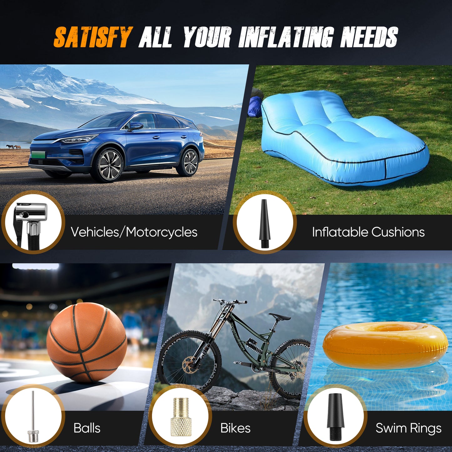 Compresseur d’Air Portable Sans Fil 150 PSI – Pompe Voiture avec 2 Batteries et 4 Embouts