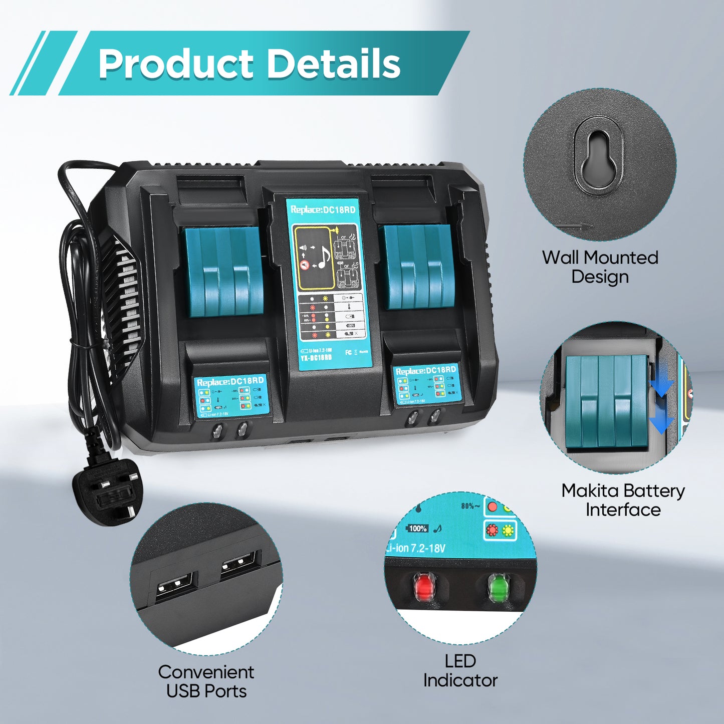 Chargeur Double Batterie 14.4V–18V 4A Compatible Outils Électroportatifs – Charge Rapide Li-Ion avec Indicateur LED – Station de Recharge Double Port