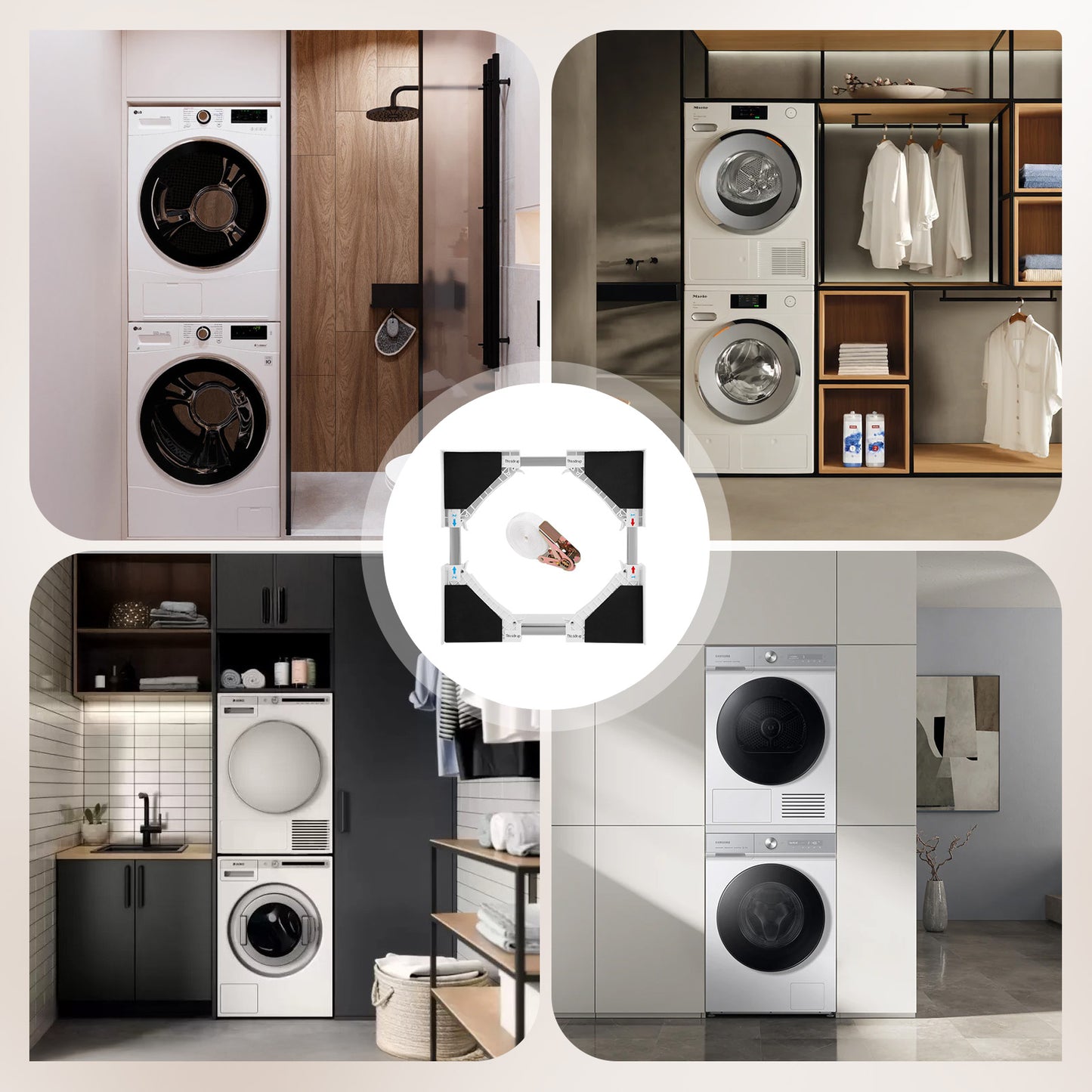 Kit d’Empilage Universel Lave-Linge Sèche-Linge – Support avec Sangles à Cliquet 45-86 cm
