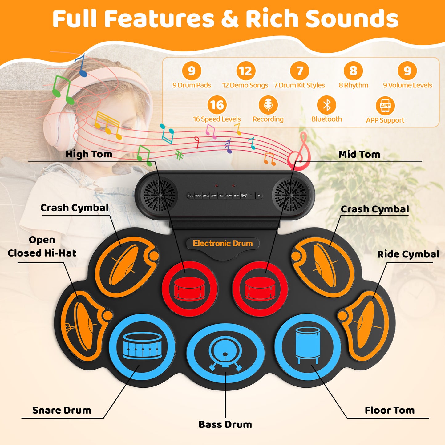 Batterie Électronique Enfant 9 Pads – Tapis de Batterie Musical Bluetooth avec Haut-Parleurs, 7 Styles, 6 Rythmes, Kit Batterie Portable avec Baguettes