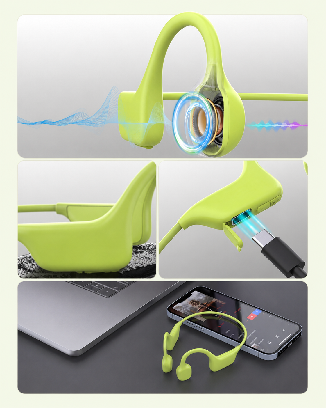 Casque Bluetooth Conduction Osseuse Open Ear – BT 5.3, IPX5, Micro HD, USB-C, Vert