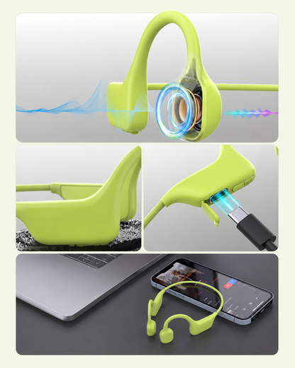Casque Bluetooth Conduction Osseuse Open Ear – BT 5.3, IPX5, Micro HD, USB-C, Vert