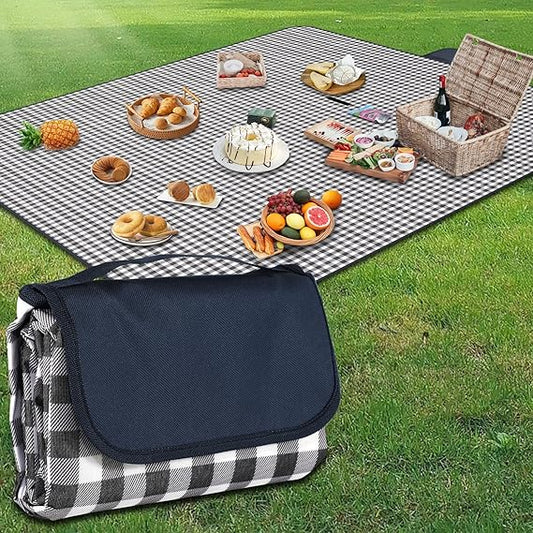 Grande Couverture de Pique-Nique 200x300 cm Imperméable | Tapis de Sol Pliable avec Poignée, Lavable en Machine | Couverture Extérieure Camping, Plage, Randonnée – Motif Carreaux Bleu