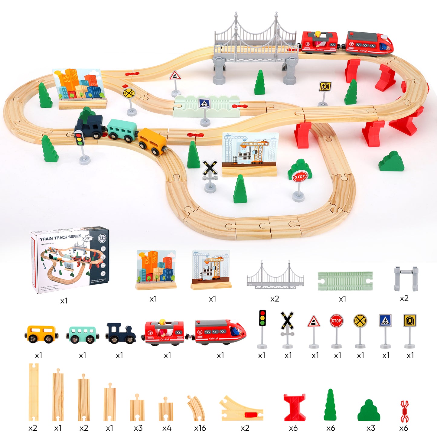 Rails de Train en Bois 72 / 108 Pièces – Ensemble de Circuit Ferroviaire avec Accessoires pour Enfants