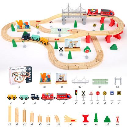Rails de Train en Bois 72 / 108 Pièces – Ensemble de Circuit Ferroviaire avec Accessoires pour Enfants