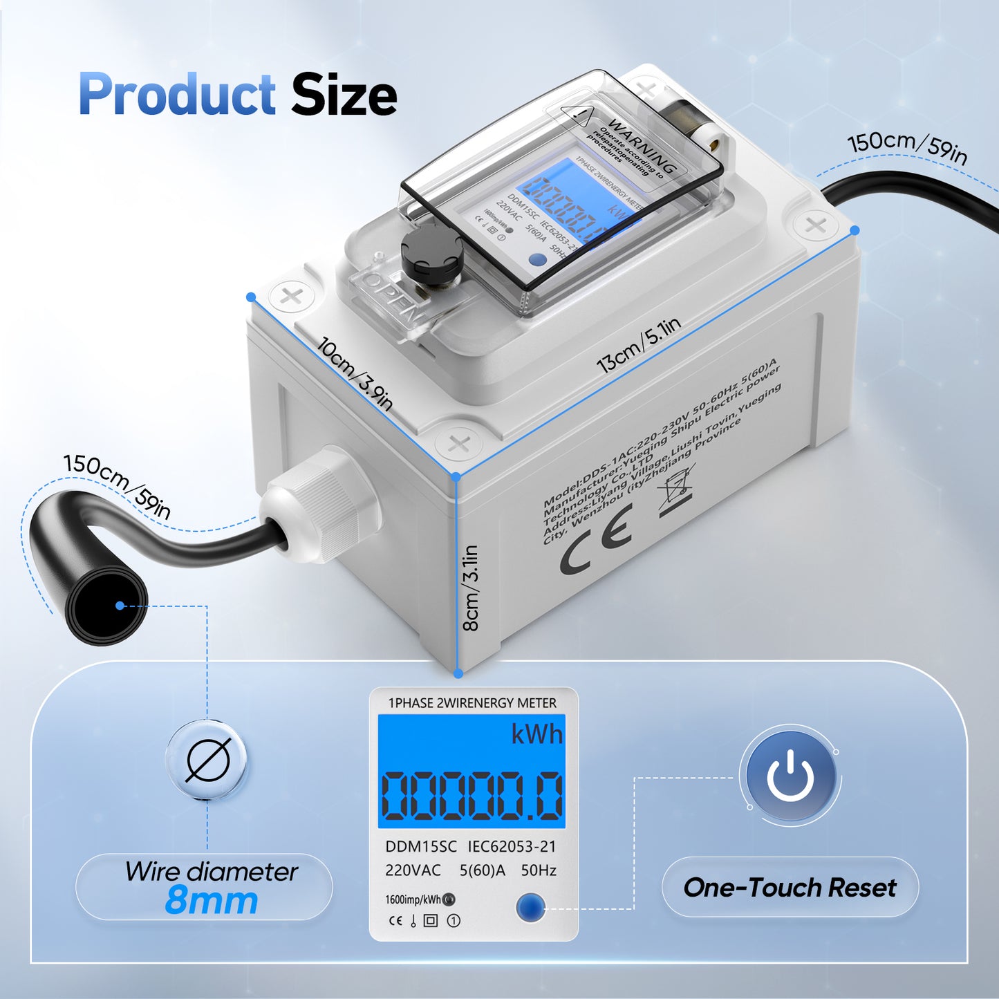 Compteur Électrique Numérique Mobile 230V 60A – Compteur KWh CEE IP67 Étanche avec Affichage LED