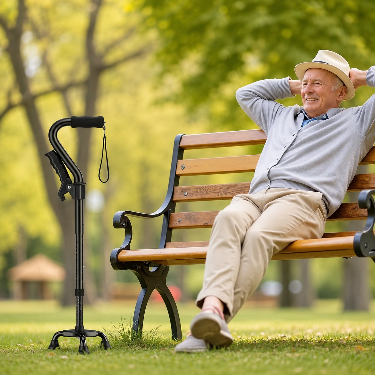 Canne de Marche Pliable 4 Pieds Réglable – Antidérapante, Poignée Ergonomique, Senior & Adulte – Noir