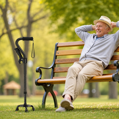 Canne de Marche Pliable 4 Pieds Réglable – Antidérapante, Poignée Ergonomique, Senior & Adulte – Noir