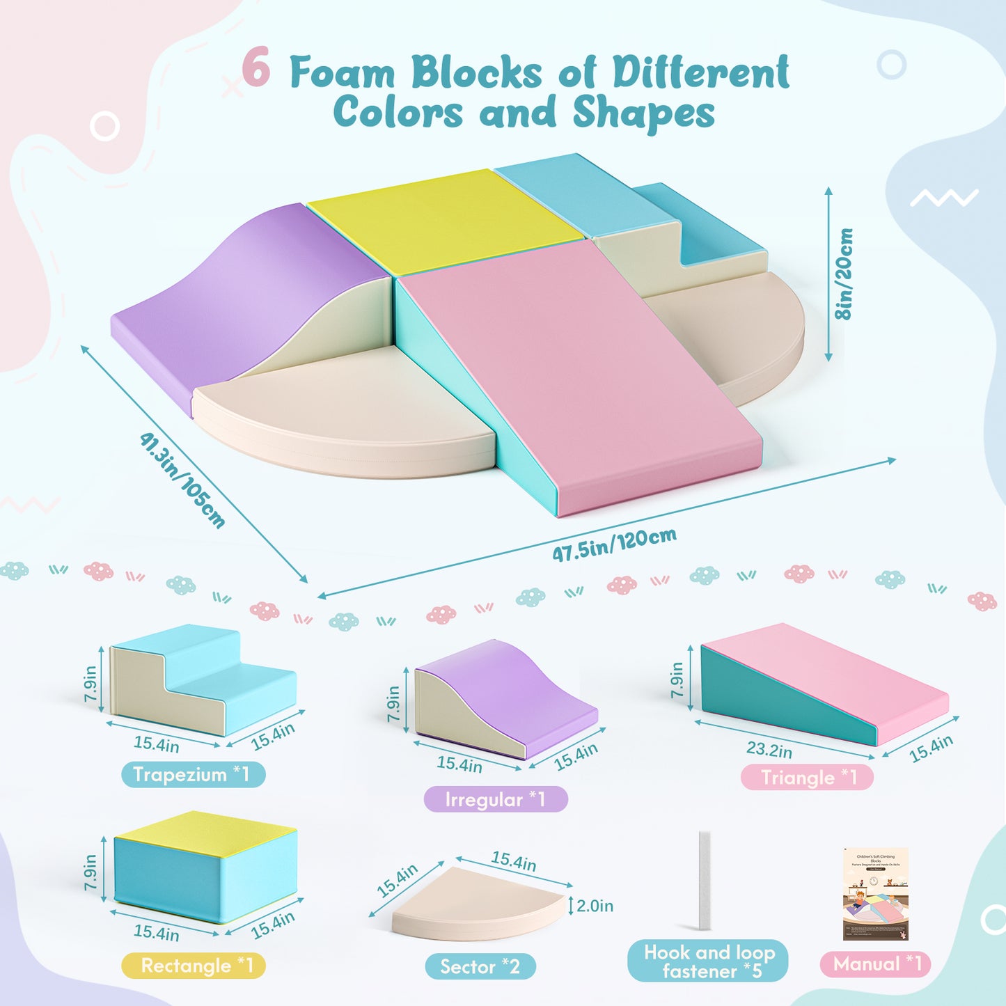 Ensemble de Modules de Motricité en Mousse pour Bébé – 6 Pièces – Aire de Jeux Enfant – Blocs PU/EPE – Développement Motricité