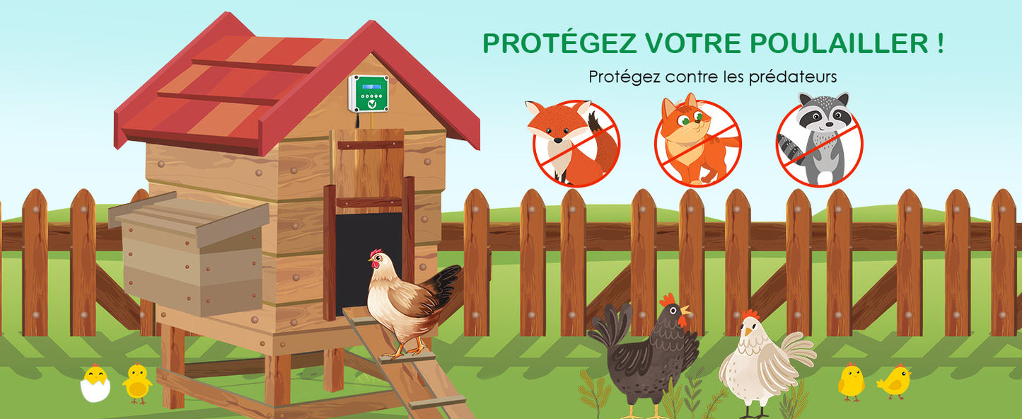 Ouvre-Porte Automatique Poulailler IP65 avec Télécommandes – Programmation Minuterie – Système Intelligent Étanche – Contrôleur Porte Poule