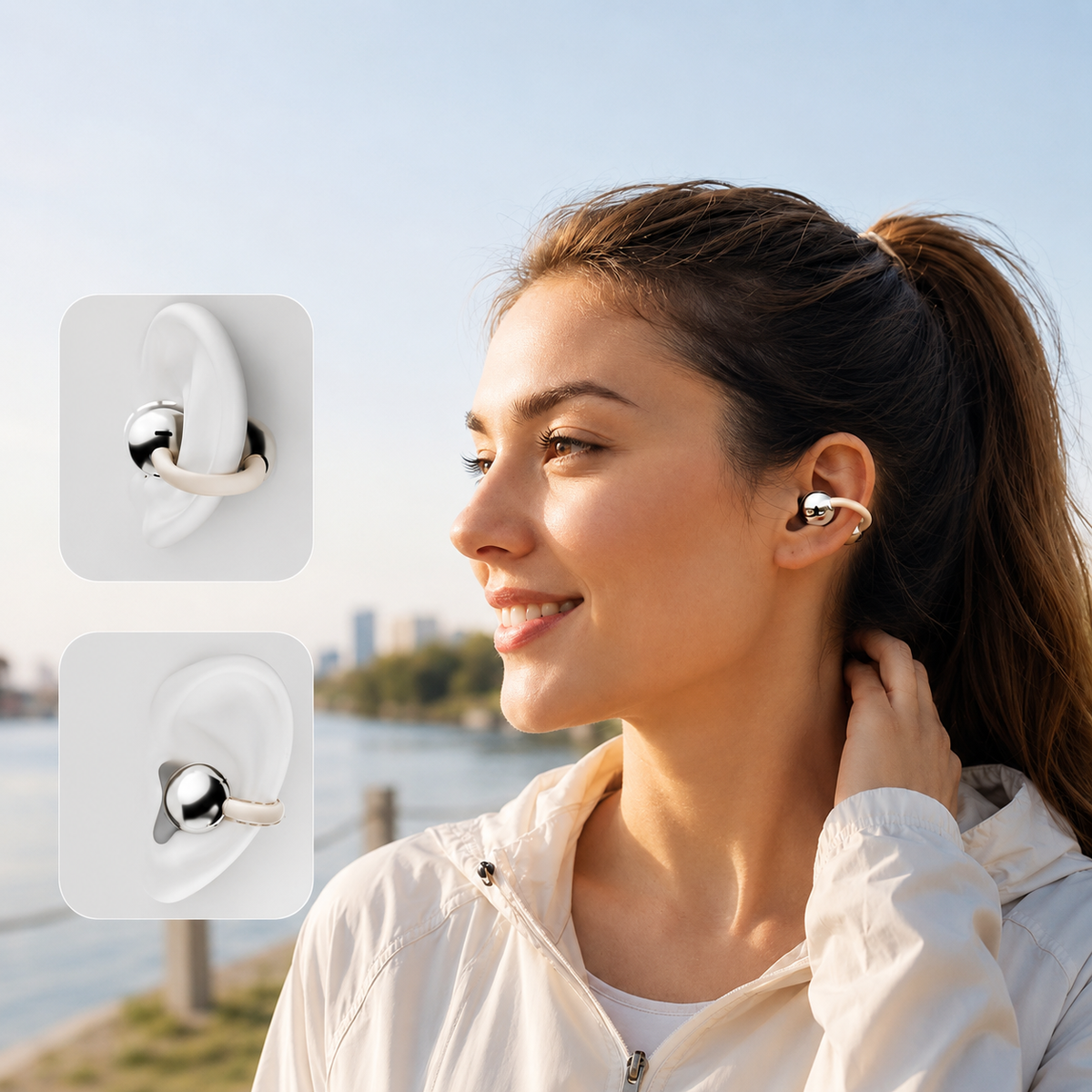 Wireless Bluetooth 6.0 Ear-Clip Headphones – Mirror Case, Open Ear, Stereo Sound, Orange Color