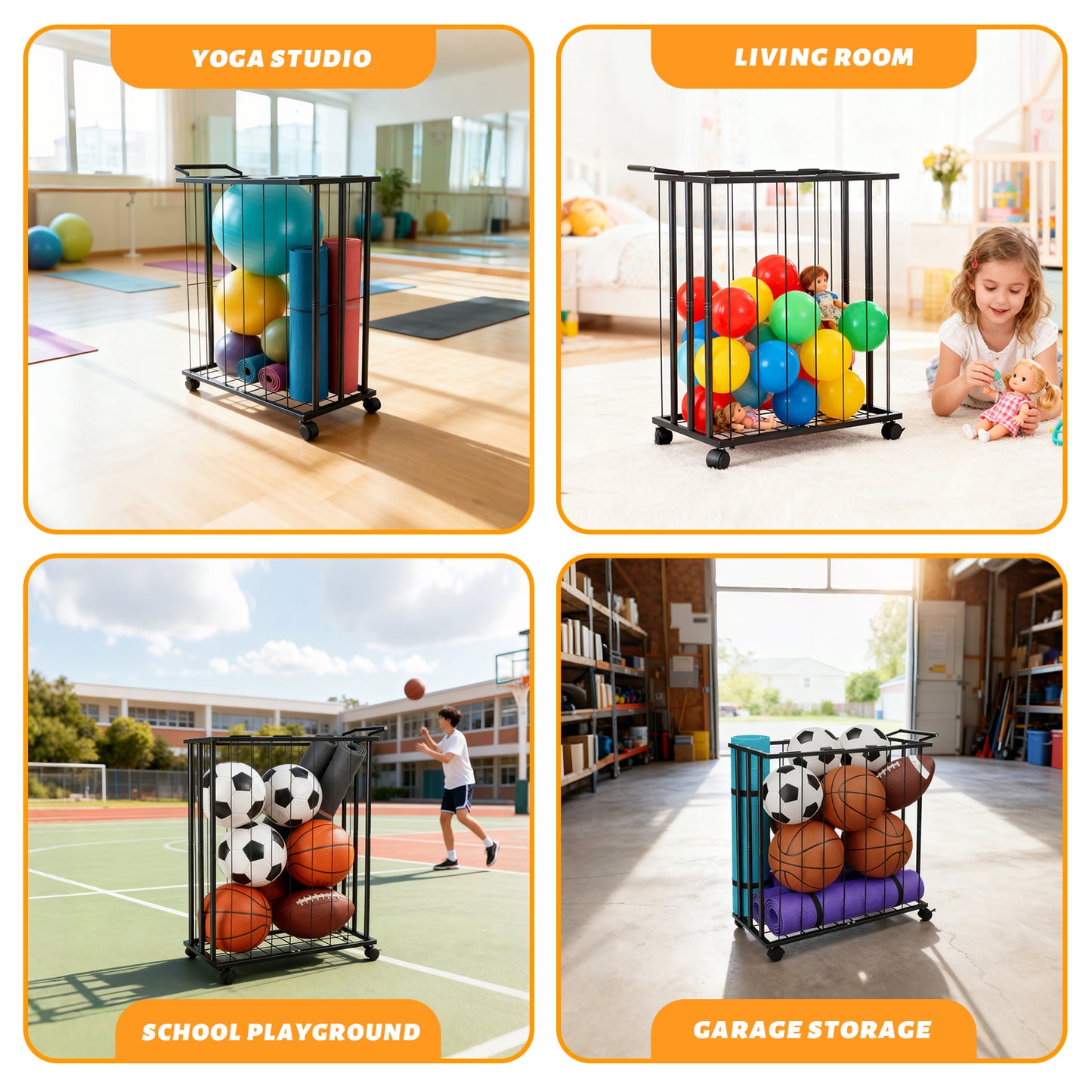Chariot Rangement Balles Sport – Bac Métal avec Roues Organisateur Garage Salle de Sport