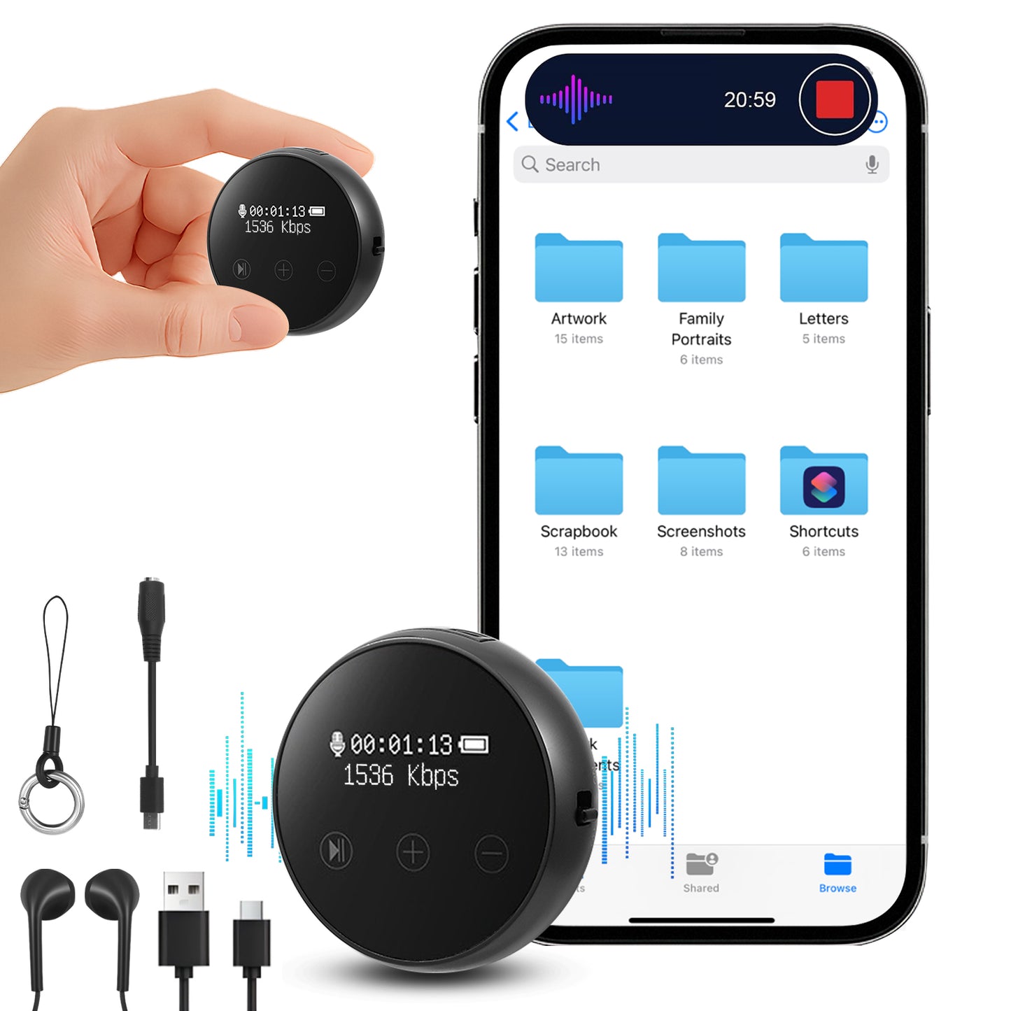 Mini Enregistreur Audio 64GB Haute Qualité 3072 Kbps – Dictaphone Numérique Portable avec Réduction de Bruit, Activation Vocale, Autonomie Longue Durée